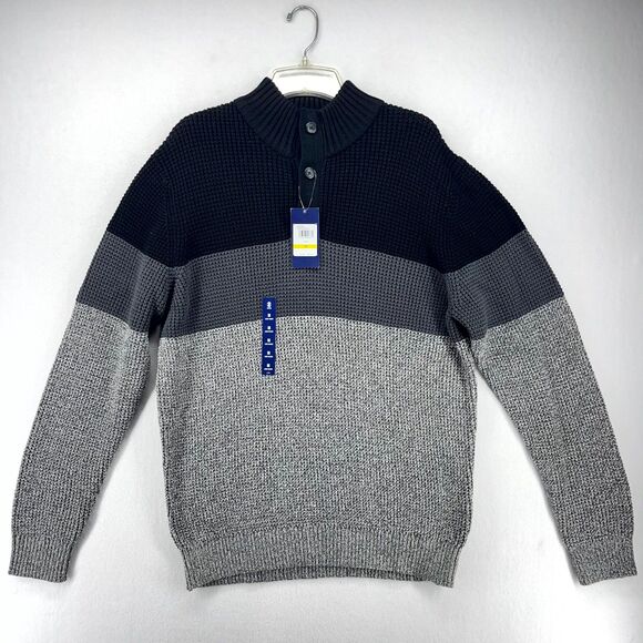 IZOD 7GG Stripe Button Mock Neck Sweater‎ Black Color Mens Size M NEW - Picture 1 of 10